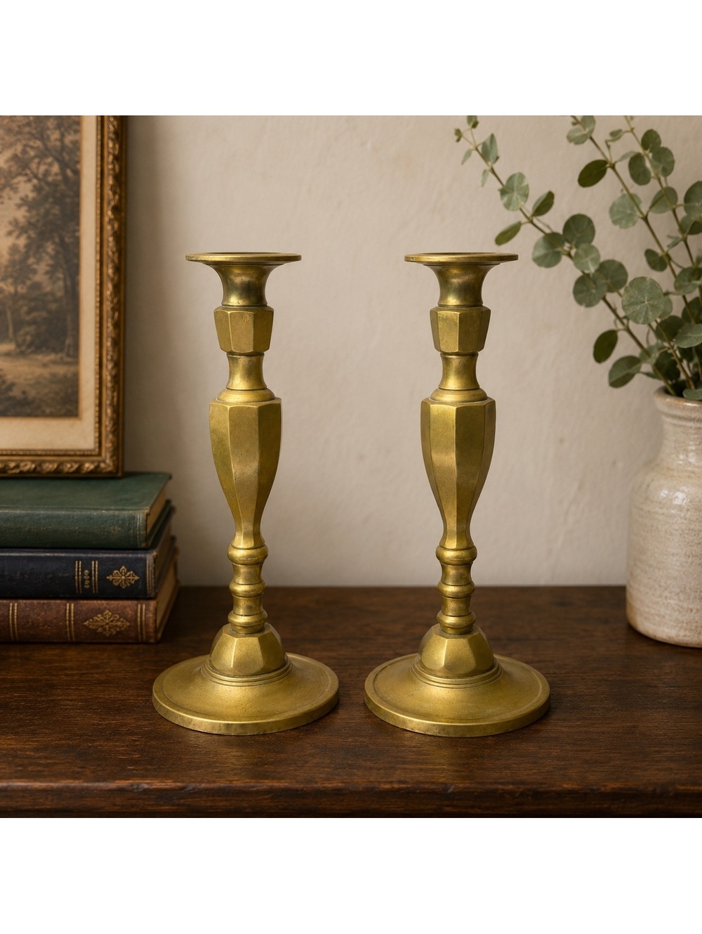 Vintage Brass Candlestick Holders Pair Heavy Tall Faceted Candle Holders 11.25"